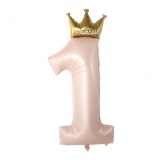 Balon din folie metalizata, flippy, figurina cifra 1, model coroana printesa, 91 cm, ambalaj individual, pai inclus, umflare cu aer sau heliu, roz