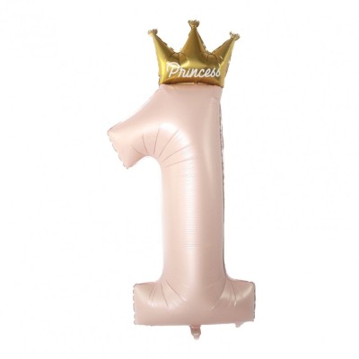 Balon din folie metalizata, flippy, figurina cifra 1, model coroana printesa, 91 cm, ambalaj individual, pai inclus, umflare cu aer sau heliu, roz foto