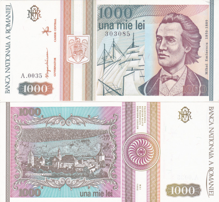 Romania BNR 1000 LEI 1993 mai * Mihai Eminescu * seria A.0035 NR. 303085 a UNC