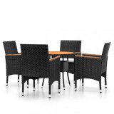 Set bistro de gradina, 5 piese, negru, poliratan si lemn masiv