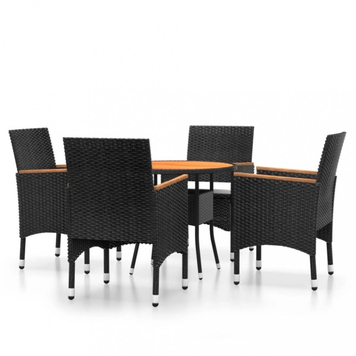 Set bistro de gradina, 5 piese, negru, poliratan si lemn masiv