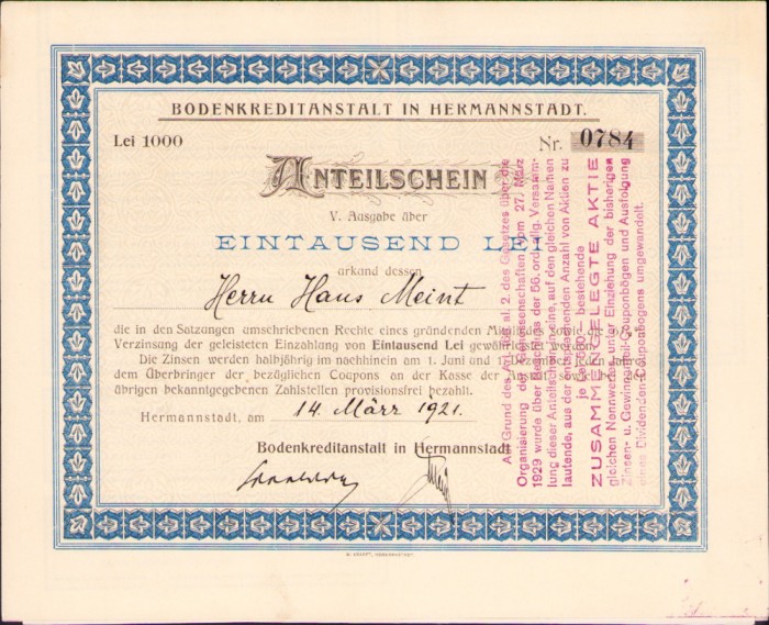 HST A636 Acțiune 1000 lei Bodenkreditanstalt in Hermannstadt 1921