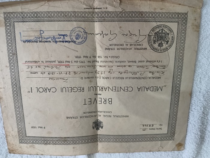 brevet Medalia Centenarul Regelui Carol I .Semnatura lui Grigore Gafencu.