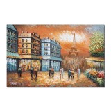 Tablou Paris pictat manual, Vedere turnul Eiffel, 90x60cm ulei pe panza in cutit efect 3D