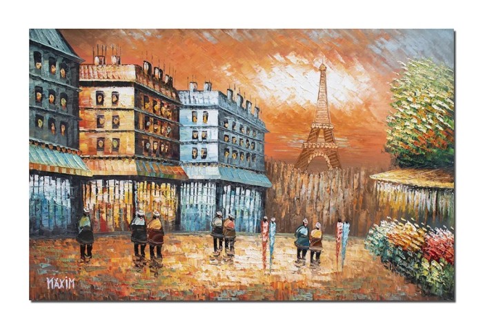 Tablou Paris pictat manual, Vedere turnul Eiffel, 90x60cm ulei pe panza in cutit efect 3D