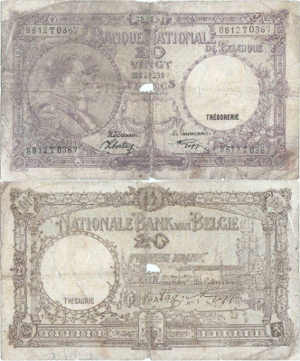 1941 (25 VIII), 20 francs (P-111a.5) - Belgia foto