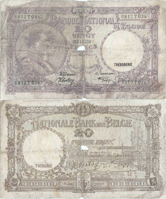 1941 (25 VIII), 20 francs (P-111a.5) - Belgia