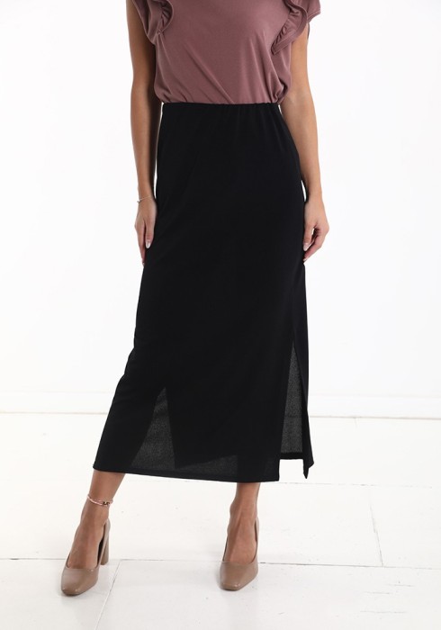 Fusta Longuette cu elastic si Crepeu - Negru