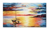 Cumpara ieftin Tablou GIGANT pictat manual, Apus de soare cu velier, 120x70cm ulei pe panza in cutit efect 3D, Spectaculos!