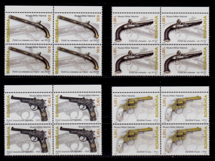 RO 2008 LP 1794 &quot;Arme de foc din Muzeul Nat. Militar&quot;, serie in bloc de 4 , MNH