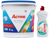 Detergent Universal de rufe pudra Active, galeata 5kg, 65 spalari + Detergent de vase lichid Active, 0.5 litri, cocos