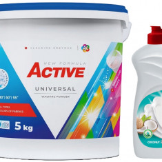 Detergent Universal de rufe pudra Active, galeata 5kg, 65 spalari + Detergent de vase lichid Active, 0.5 litri, cocos
