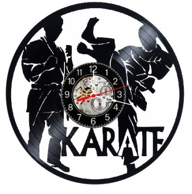 Ceas de perete decorativ realizat din disc de vinil, Model Karate Arte Martiale Luptator Kimono, Negru, 30 cm foto