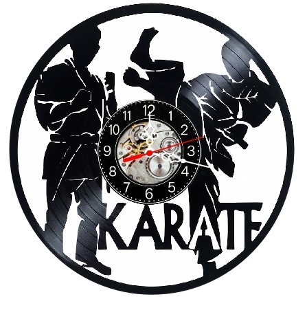 Ceas de perete decorativ realizat din disc de vinil, Model Karate Arte Martiale Luptator Kimono, Negru, 30 cm