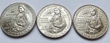 Set 3 monede 25 cents / quarter dollar 2024 USA, Zitkala-&Scaron;a, Lit.PDS, km#792, America de Nord