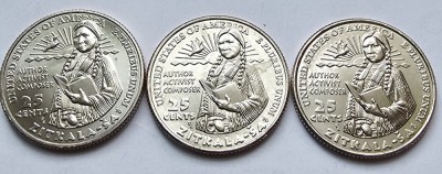 Set 3 monede 25 cents / quarter dollar 2024 USA, Zitkala-&amp;Scaron;a, Lit.PDS, km#792 foto