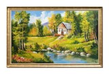 Cumpara ieftin Tablou inramat peisaj de vara pictat manual, La casuta de langa lac, colt de rai, 110x70cm ulei pe panza Constantin Feraru