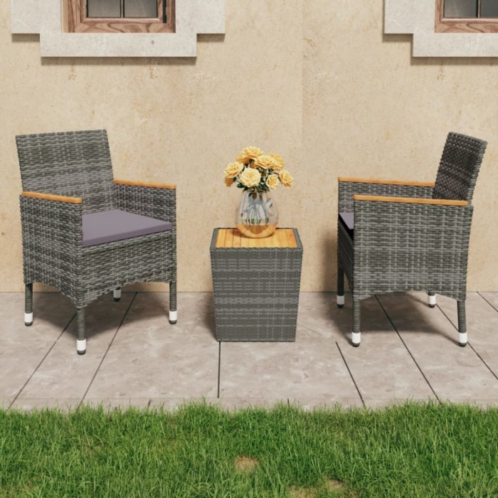 vidaXL Set mobilier grădină, 3 piese, gri, poliratan și lemn acacia 3058367