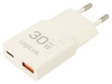 Alimentator LOGILINK 30W GaN USB-C alb plug-in 3A