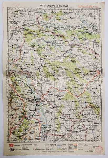 HARTA ZONEI CHISINAU - ORHEI - HUSI , LITOGRAFIE DE M.D. MOLDOVEANU , 1936, POLICROMA