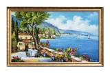 Cumpara ieftin Tablou inramat peisaj mediteranean pictat manual, O zi minunata pe terasa, 100x60cm ulei pe panza, Constantin Feraru