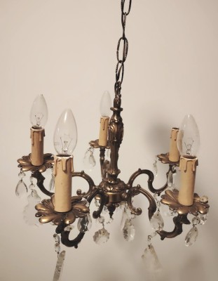 Candelabru antic din bronz masiv in stilul francez Louis si elemente din cristal foto