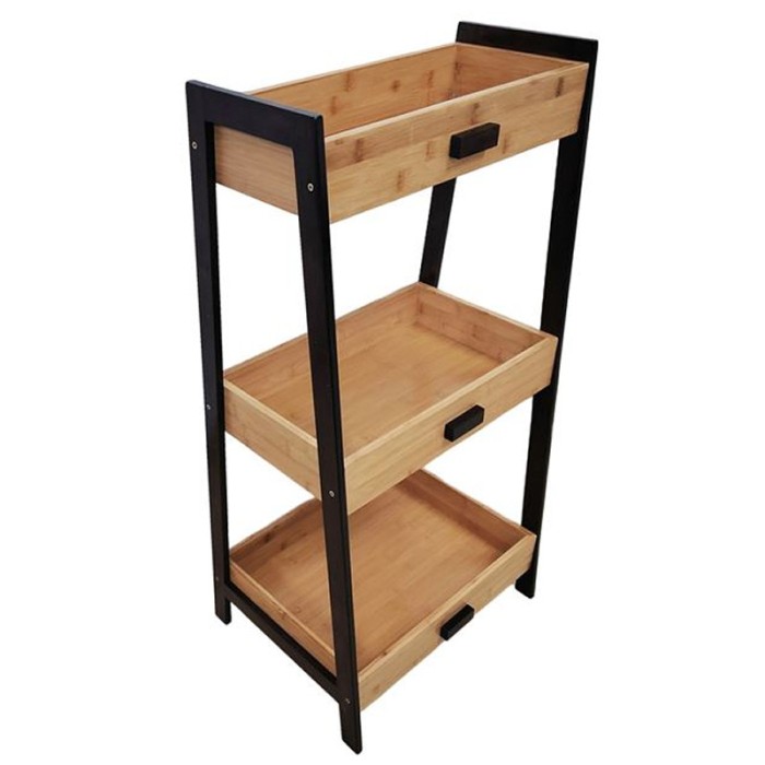 Etajera din bambus, cadru metalic, 3 rafturi-sertare, 45 x 35 x 90 cm