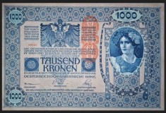 Bancnota 1000 COROANE 1902 - Austro-Ungaria , circulată &icirc;n Transilvania, Bucovina, scrie in rom&acirc;nă UNA MIE COROANE