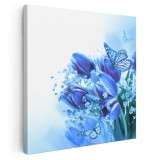 Tablou canvas flori lalele si fluturi, albastru 1297 Tablou canvas pe panza CU RAMA 80x80 cm