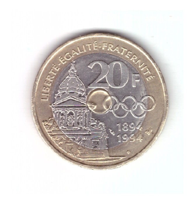 Moneda Franta 20 francs/franci 1994, Pierre de Coubertin, stare foarte buna, curata