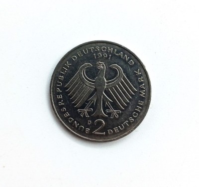 alt GERMANIA FEDERALA 2 mark 1991 ( D ) _ moneda rara Kurt Schumacher l _ km 149 foto