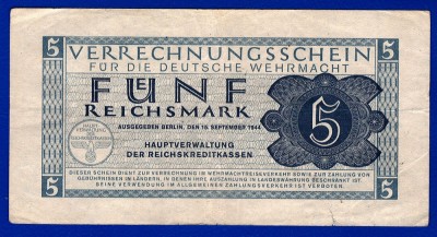 (4) BANCNOTA (CERTIF COMPENSARE) GERMANIA - 5 REICHSMARK 1944, TRUPELE WEHRMACHT foto