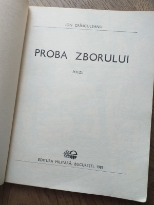 ION CRANGULEANU/ ION CRINGULEANU(dedicatie/semnatura/ poem) PROBA ZBORULUI, 1981 foto