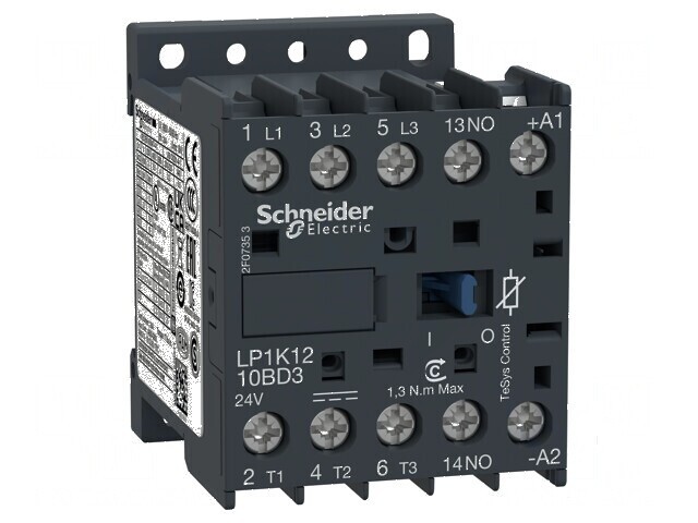 Contactor cu 3 poli și 3 contacte auxiliare, 24VDC 12A