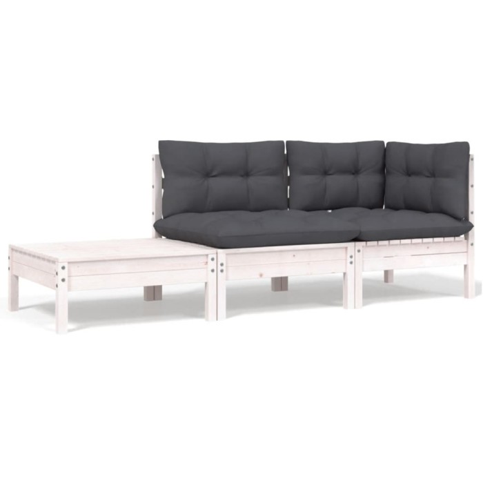 vidaXL Set mobilier de grădină cu perne, 3 piese, alb, lemn masiv pin 806671