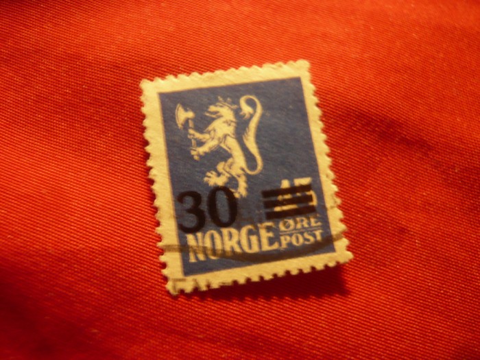 Timbru Norvegia 1927 , Stema ,supratipar 30ore/45ore , stampilat