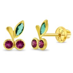 Cercei din Aur 14K pentru Copii &ndash; Cirese cu pietre CZ fucsia, inchidere cu Filet si Protectie