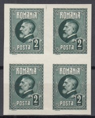 ROMANIA 1926 LP 74 a A 60 a ANIVERSARE A REGELUI FERDINAND VALOAREA 2 LEI VERDE NEDANTELAT BLOC DE 4 TIMBRE STARE MNH