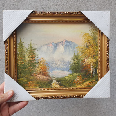 Tablou peisaj munte, acrilic pe canvas, rama imitatie lemn, 30x25 cm. Rama 3x2.2 foto