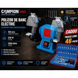 Polizor de banc electric Campion PRO Professional, 150 mm, 350 W, 2950 RPM, pietre incluse, protectii duble + Cadou Trusa chei 46 piese
