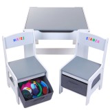 Set Masuta cu scaun pentru copii din Lemn Mdf 3 in 1, Tabla De Scris, Desenat, Colorat, Depozitare, Varsta 3-6 Ani, Alb cu Gri