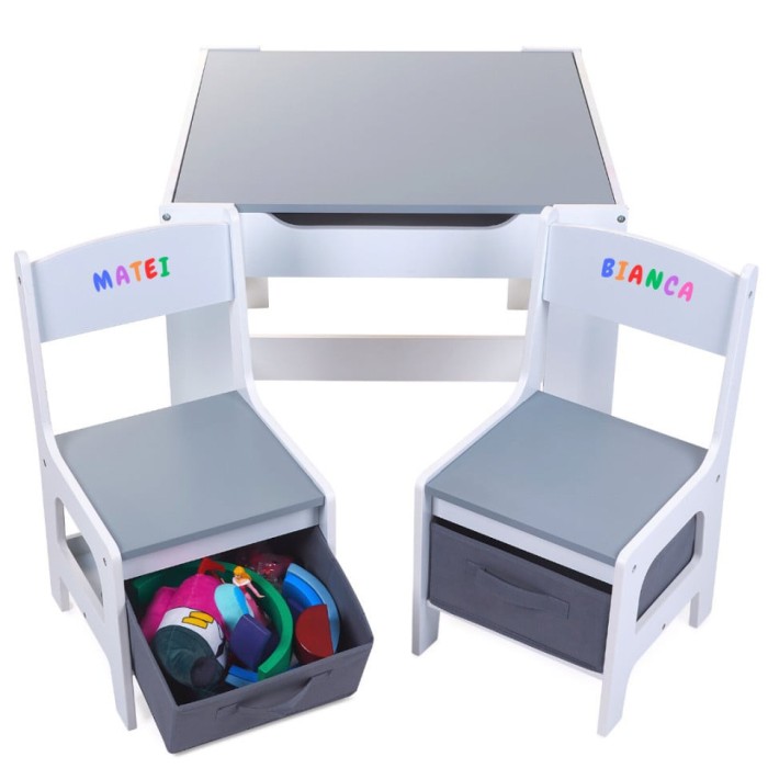 Set Masuta cu scaun pentru copii din Lemn Mdf 3 in 1, Tabla De Scris, Desenat, Colorat, Depozitare, Varsta 3-6 Ani, Alb cu Gri