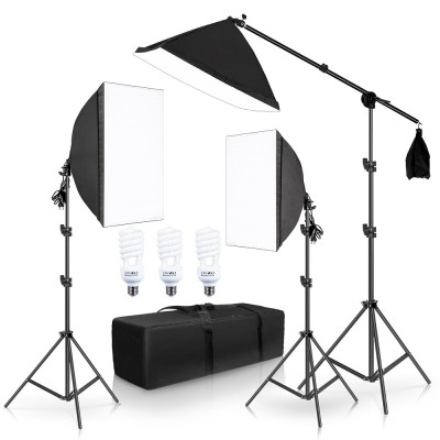 Set de lumini pentru studio 3 soft box + 3 suporti + accesorii Andoer Bec 150W foto