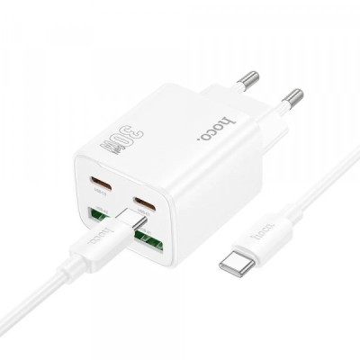 Incarcator Retea Cu Cablu USB-C HOCO N56, 30W, 3A, 2 x USB-A - 2 x USB-C, Alb foto
