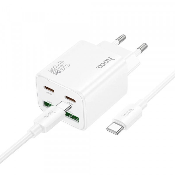 Incarcator Retea Cu Cablu USB-C HOCO N56, 30W, 3A, 2 x USB-A - 2 x USB-C, Alb