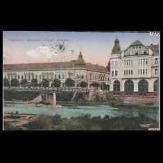 Carte poștală veche Oradea &ndash; Malul Crisului cu Scoala de Comert &ndash; 1914