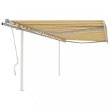 VidaXL Copertină retractabilă manual, cu st&acirc;lpi galben/alb, 4x3,5 m