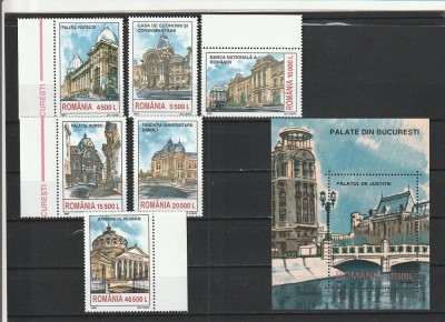 ROMANIA 2003 LP 1605 LP 1606 PALATE DIN BUCURESTI SERIE SI COLITA MNH NESTAMP foto