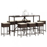 vidaXL Set mobilier bar de grădină, cu perne, 9 piese, maro, poliratan 3261471
