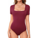 Body de damă LASI cu g&acirc;t pătrat, m&acirc;neci scurte, slim fit, de bază, elastic, cămașă dublu căptușită Topuri roșu vin mare